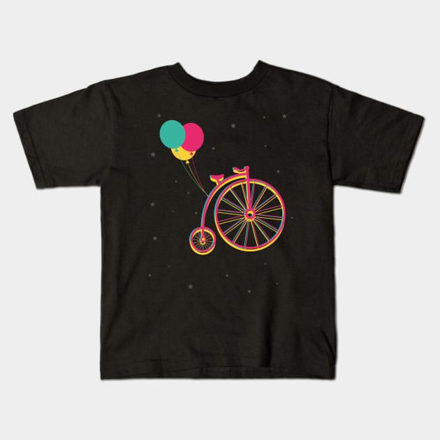 Vintage Flying Bike on Space Kids T-Shirt by Dellan
